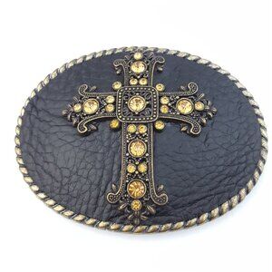Western Oval Buckle with Black Leather and Cross